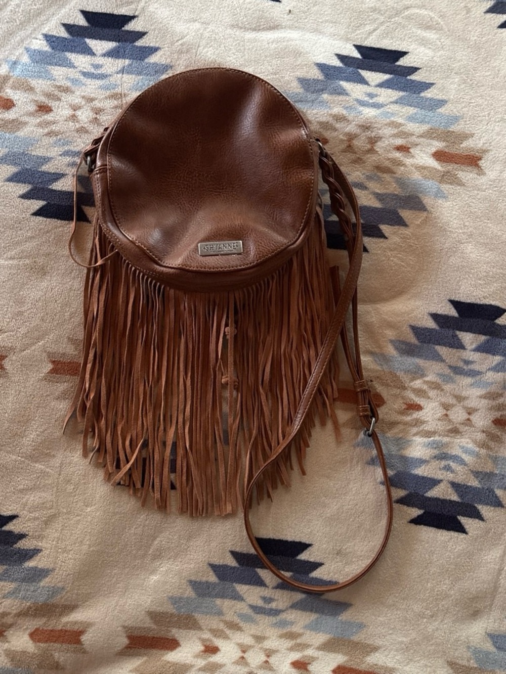 Shyanne Fringed Round Crossbody Bag with Aztec Textile Panel - Brown - Picture 3 of 4